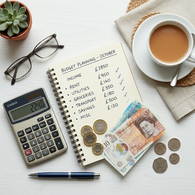 A budget planning notebook with pound coins and a calculator on a desk