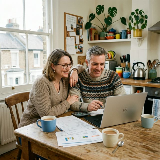 A couple reviewing their household finances together at their kitchen table