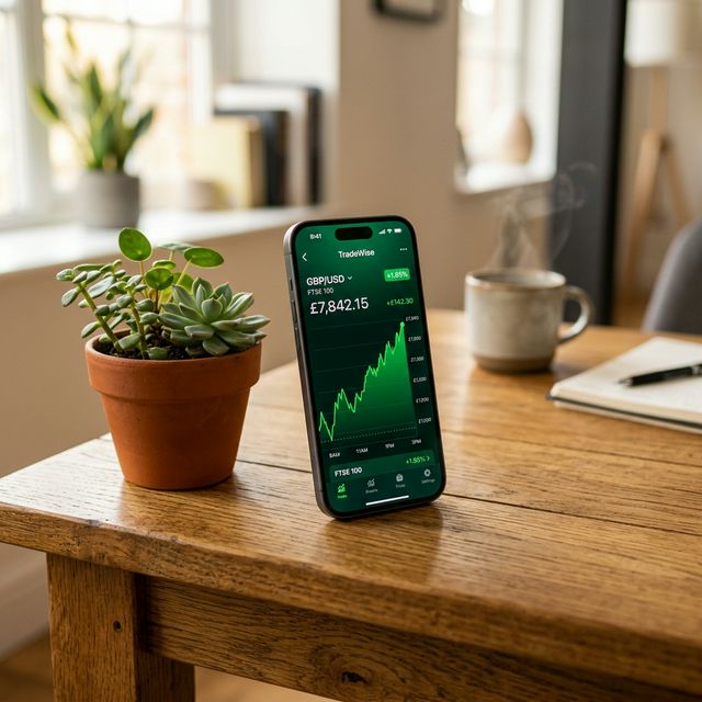 A smartphone showing a stock trading app with green charts on a wooden desk